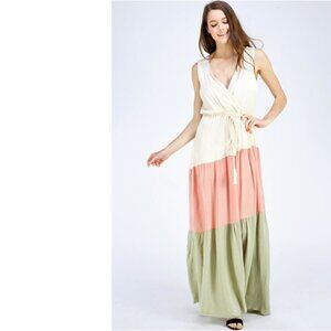 Blue Blush Colorblock Maxi Blouson Dress Cream Pink Green XS/Small beach summer